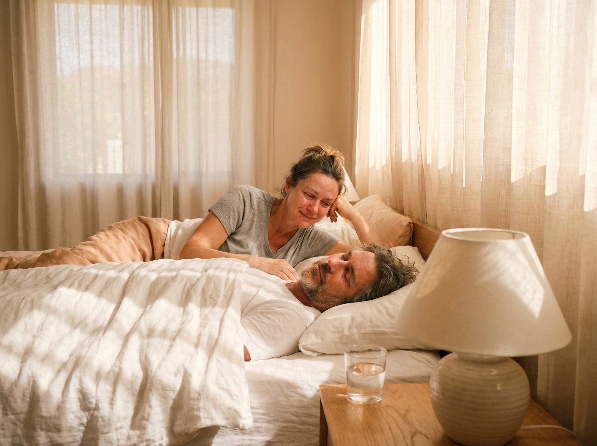 Happy couple in bed, rested and smiling
