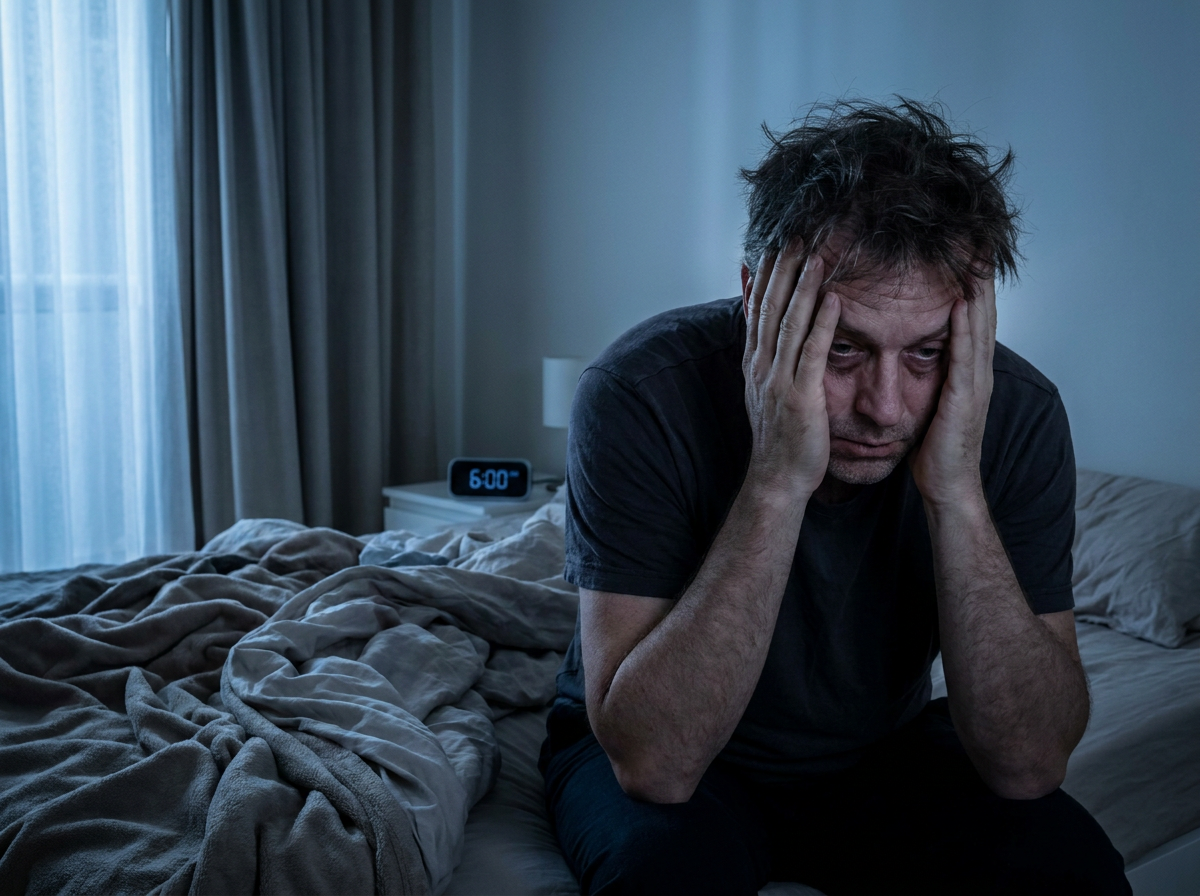 Man exhausted on edge of bed at 6am